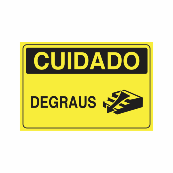 Placa indicativa "Cuidado - Degraus" sentido descendo, muito utilizada em ambientes internos e externos.