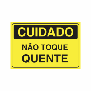 Placa indicativa "Cuidado - Não Toque Quente", muito utilizada em ambientes internos e externos. Construída em chapa de ACM 3mm, possui baixo peso e alta resistência, com aplicação de película refletiva prismática.