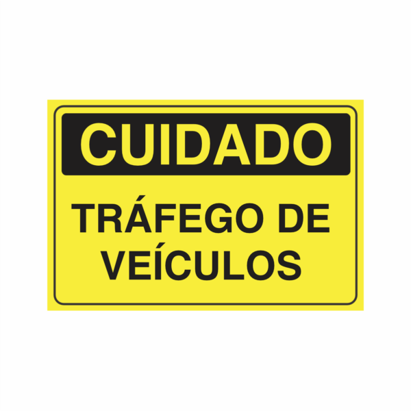 Placa indicativa " Cuidado - Tráfego de Veículos", muito utilizada em ambientes internos e externos. Construída em chapa de ACM 3mm, possui baixo peso e alta resistência, com aplicação de película refletiva prismática.