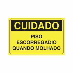 Placa indicativa "Placa Cuidado - Piso Escorregadio Quando Molhado", muito utilizada em ambientes internos e externos.