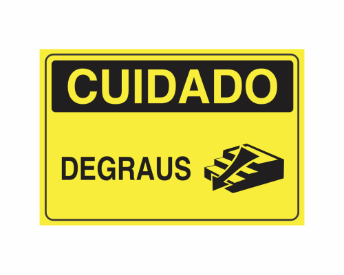 Placa indicativa "Cuidado - Degraus" sentido descendo, muito utilizada em ambientes internos e externos.