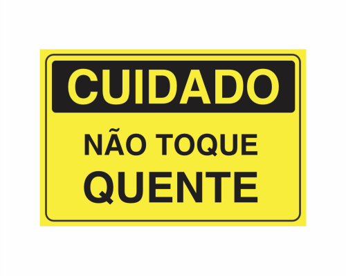 Placa indicativa "Cuidado - Não Toque Quente", muito utilizada em ambientes internos e externos. Construída em chapa de ACM 3mm, possui baixo peso e alta resistência, com aplicação de película refletiva prismática.