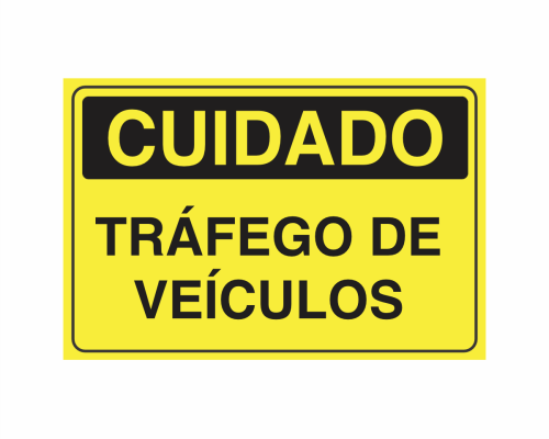 Placa indicativa " Cuidado - Tráfego de Veículos", muito utilizada em ambientes internos e externos. Construída em chapa de ACM 3mm, possui baixo peso e alta resistência, com aplicação de película refletiva prismática.