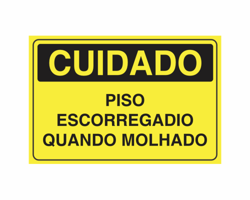 Placa indicativa "Placa Cuidado - Piso Escorregadio Quando Molhado", muito utilizada em ambientes internos e externos.